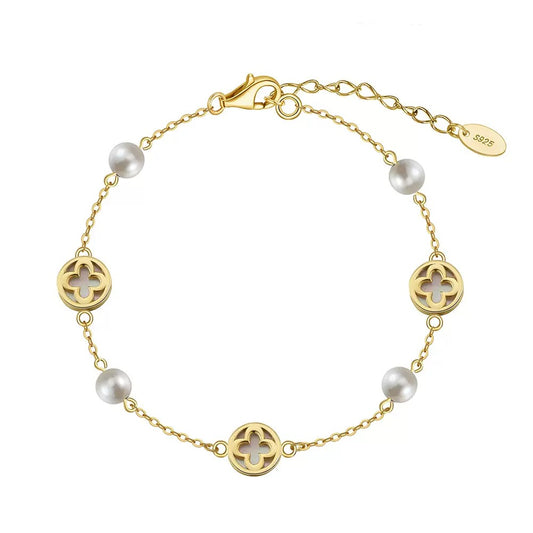 Natural Shell And Shell pearls 14K Gold Plated 925 Sterling Silver Four-leaf Clover Bracelet