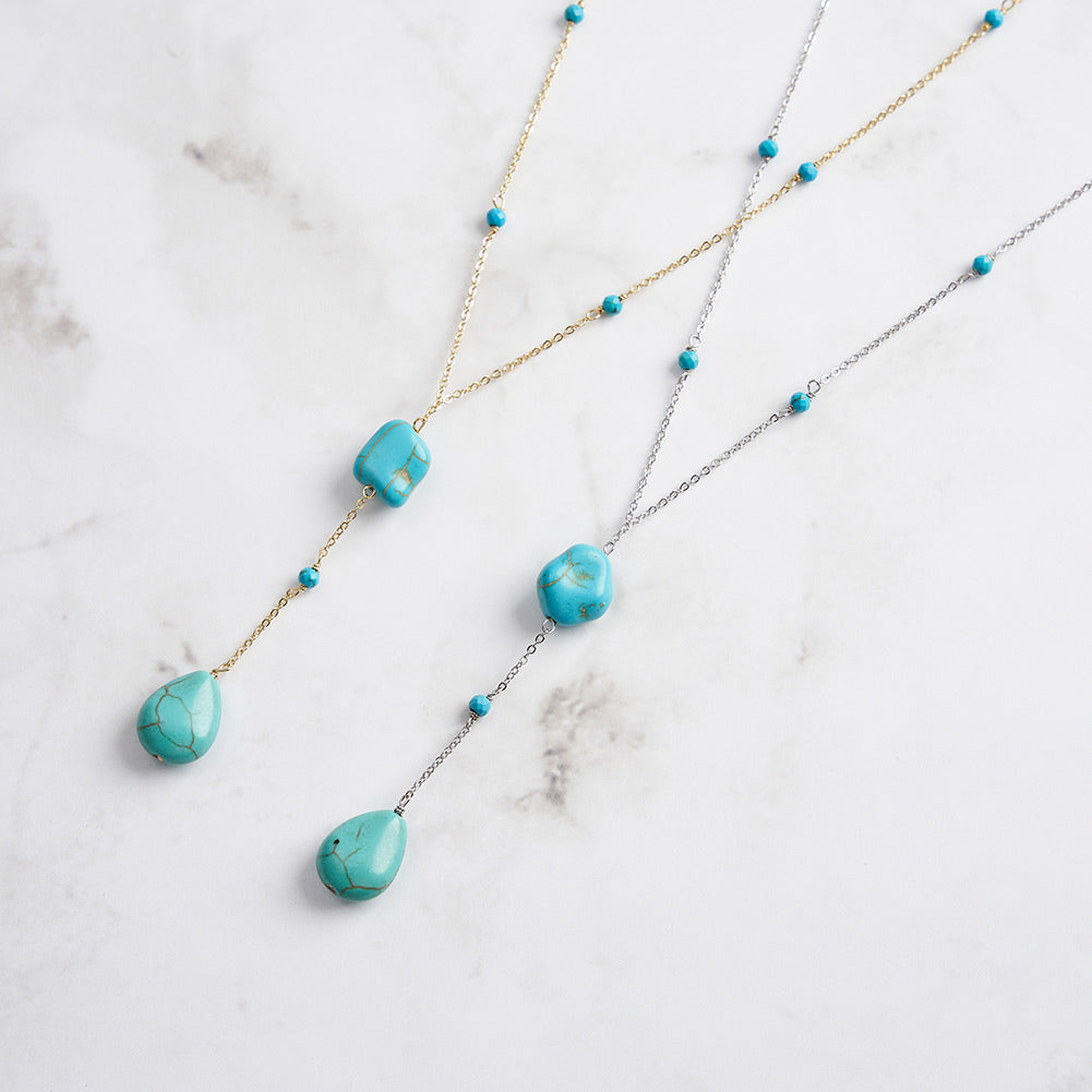 Turquoise 14K Gold Plated 925 Sterling Silver Retro Y Shape Necklace