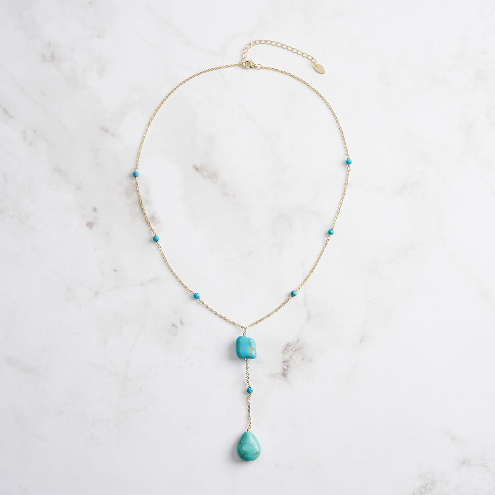 Turquoise 14K Gold Plated 925 Sterling Silver Retro Y Shape Necklace