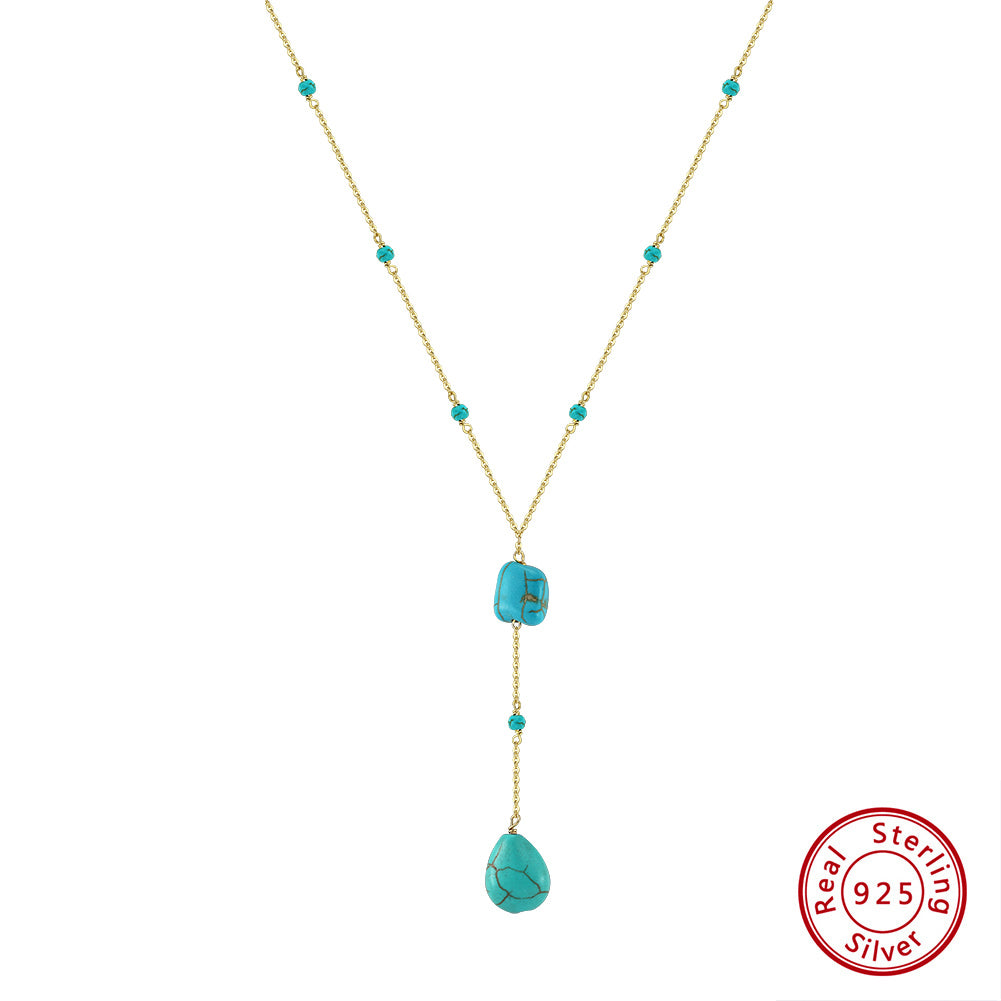 Turquoise 14K Gold Plated 925 Sterling Silver Retro Y Shape Necklace