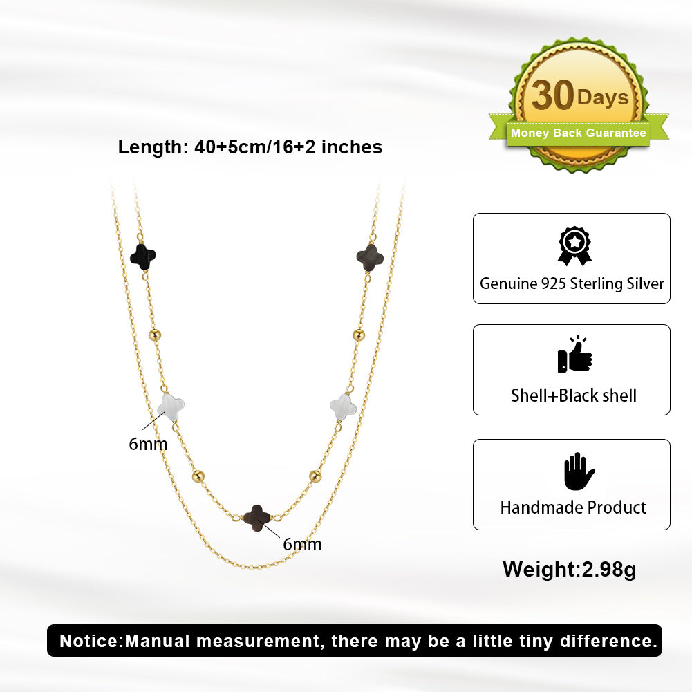 Black Shell 14K Gold Plated 925 Sterling Silver Four-leaf Clover Double-layer Necklace