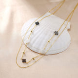 Black Shell 14K Gold Plated 925 Sterling Silver Four-leaf Clover Double-layer Necklace