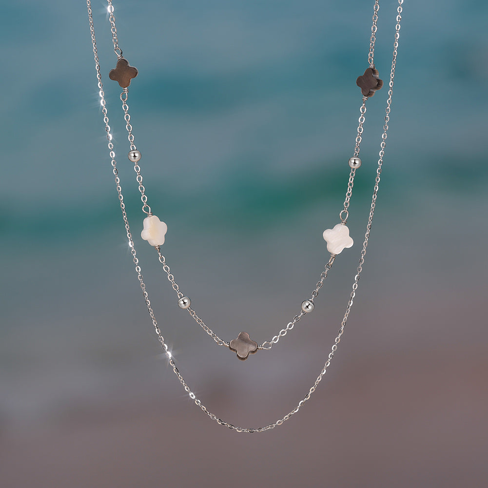 Black Shell 14K Gold Plated 925 Sterling Silver Four-leaf Clover Double-layer Necklace