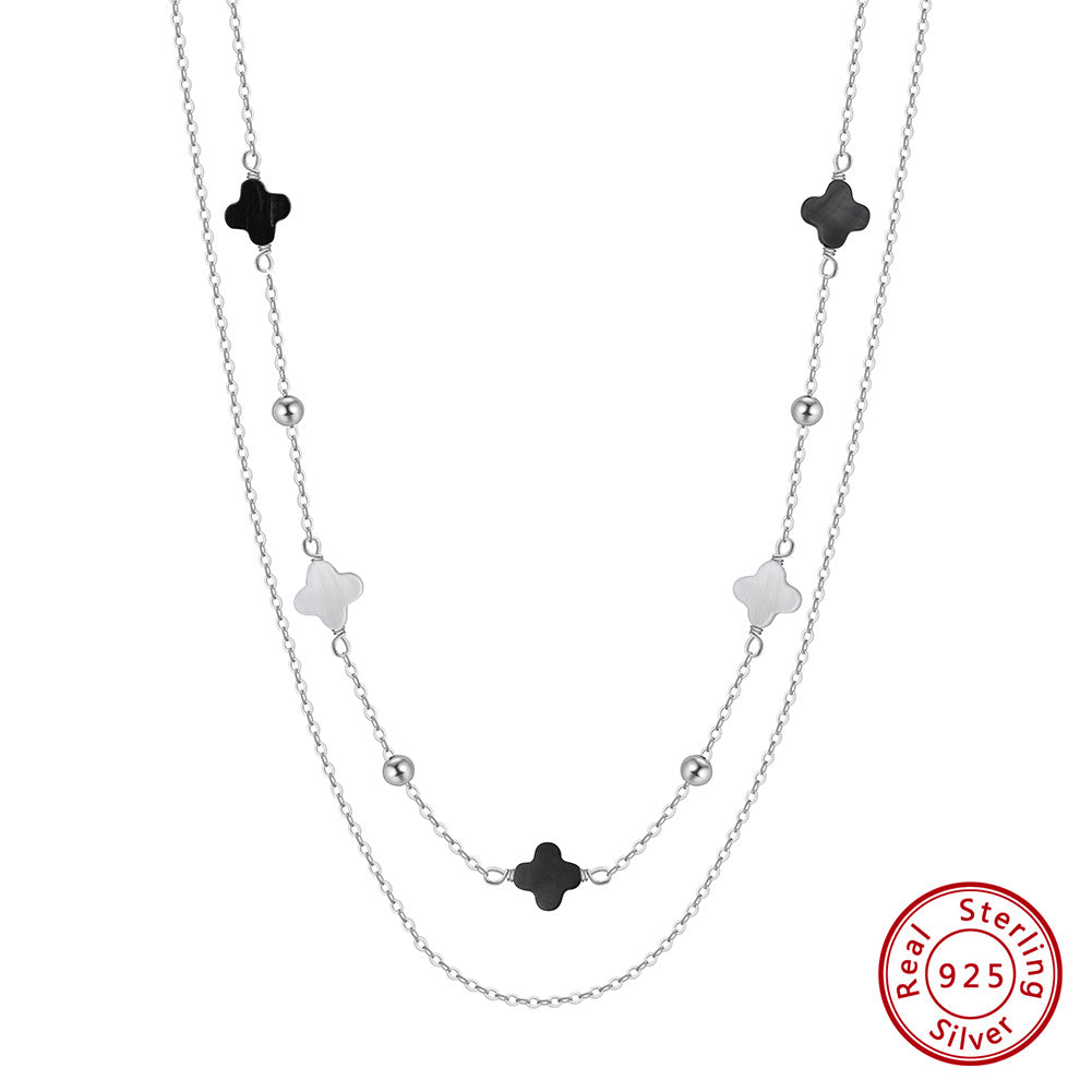 Black Shell 14K Gold Plated 925 Sterling Silver Four-leaf Clover Double-layer Necklace