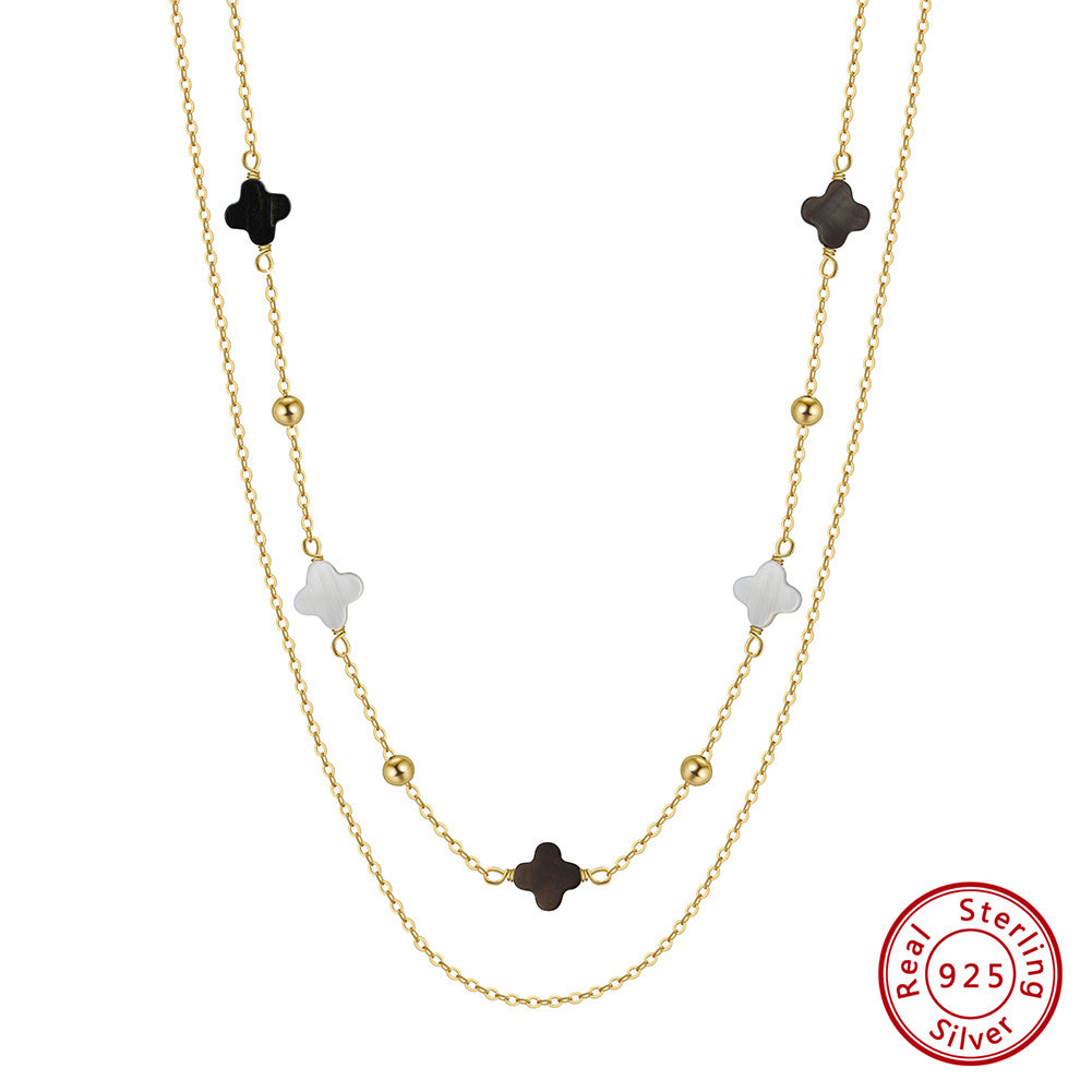 Black Shell 14K Gold Plated 925 Sterling Silver Four-leaf Clover Double-layer Necklace