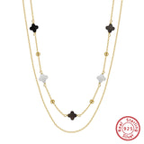 Black Shell 14K Gold Plated 925 Sterling Silver Four-leaf Clover Double-layer Necklace