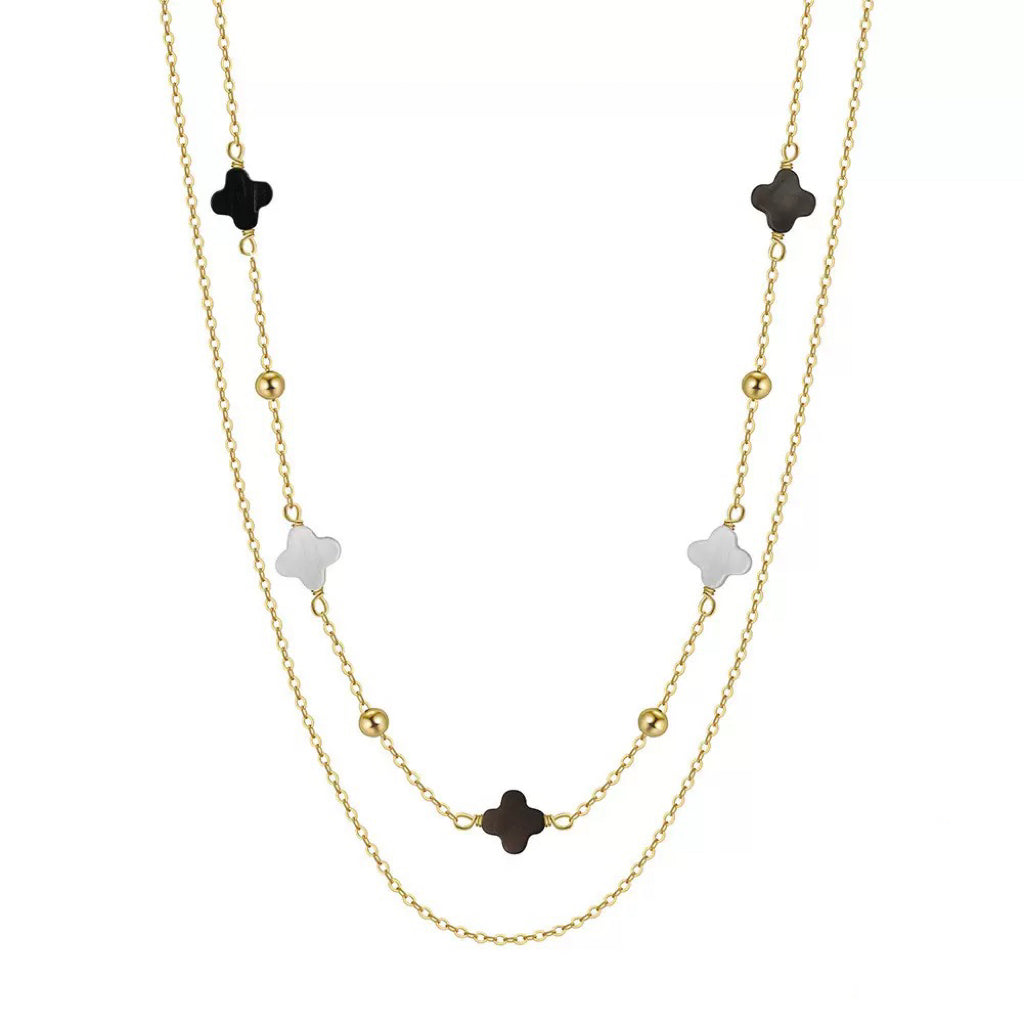 Black Shell 14K Gold Plated 925 Sterling Silver Four-leaf Clover Double-layer Necklace