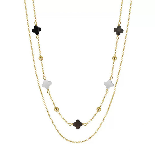 Black Shell 14K Gold Plated 925 Sterling Silver Four-leaf Clover Double-layer Necklace