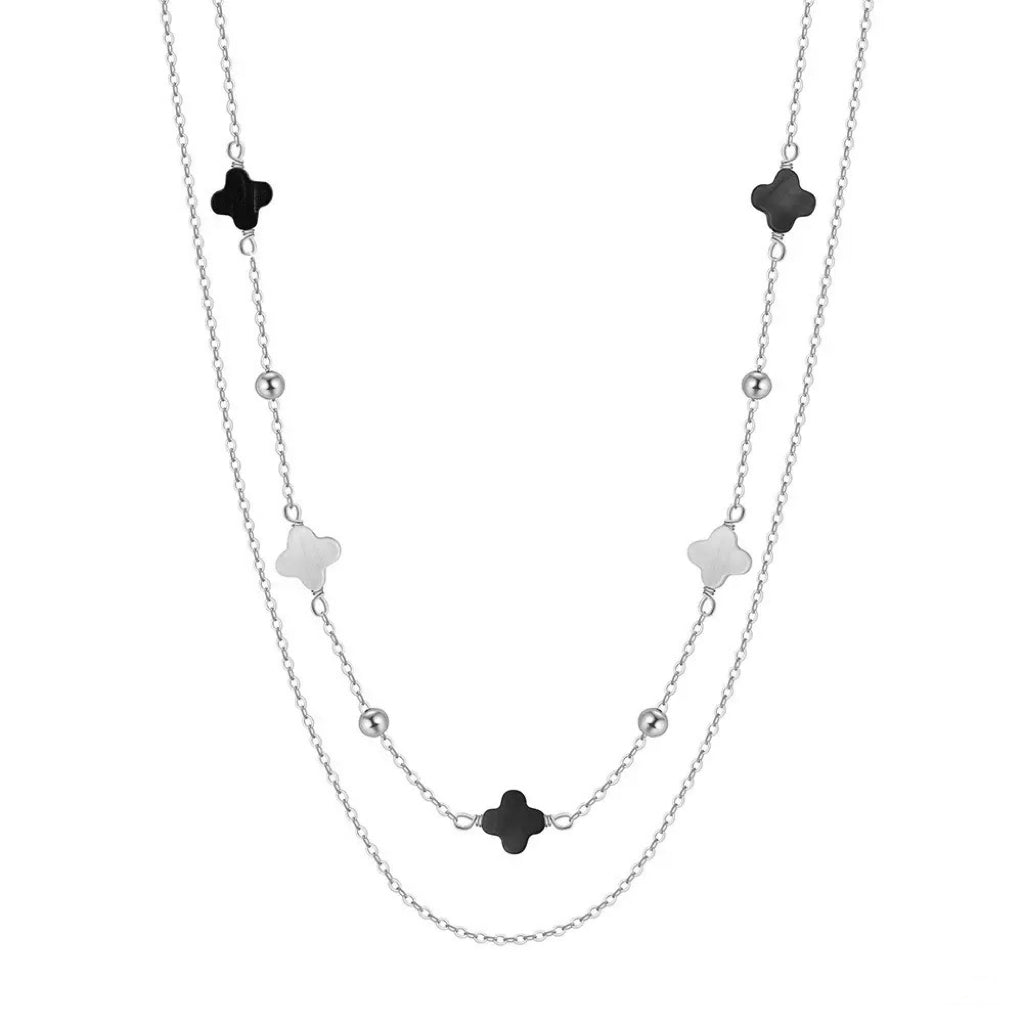 Black Shell 14K Gold Plated 925 Sterling Silver Four-leaf Clover Double-layer Necklace