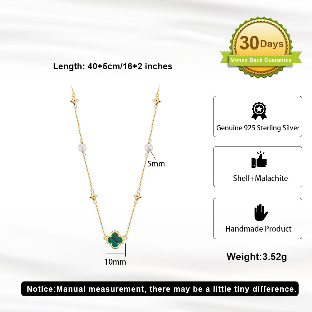 Shell Pearls Malachite 14K Gold Plated 925 Sterling Silver Pendant Necklace
