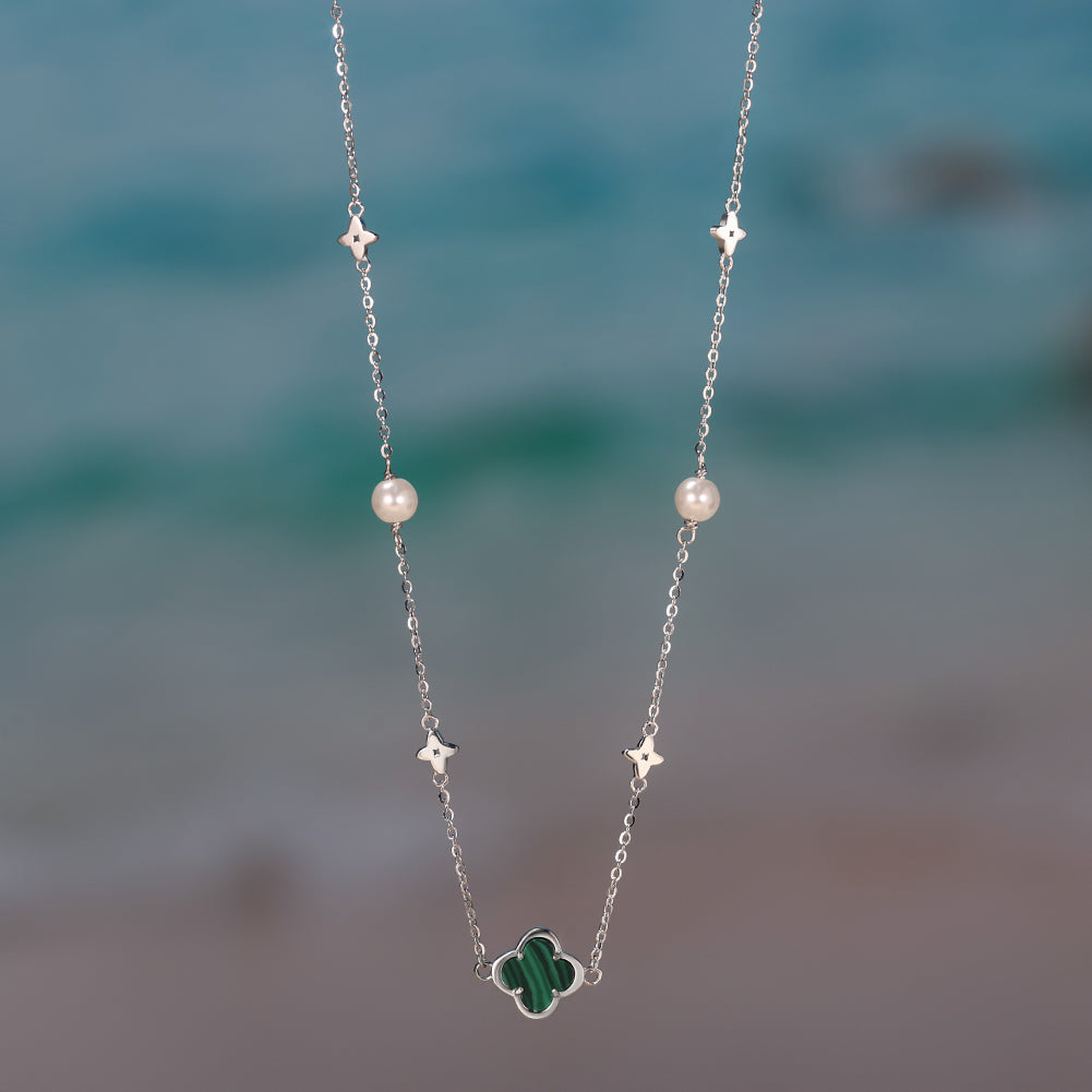 Shell Pearls Malachite 14K Gold Plated 925 Sterling Silver Pendant Necklace