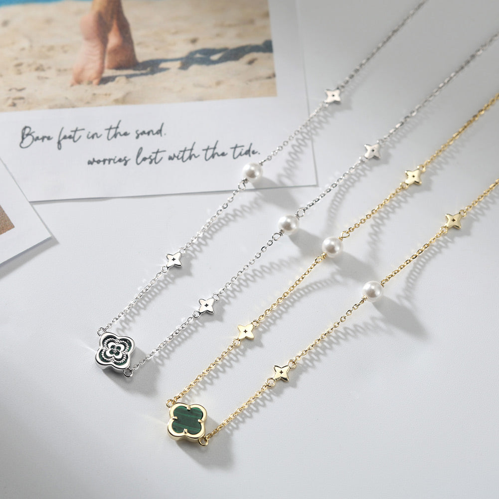 Shell Pearls Malachite 14K Gold Plated 925 Sterling Silver Pendant Necklace