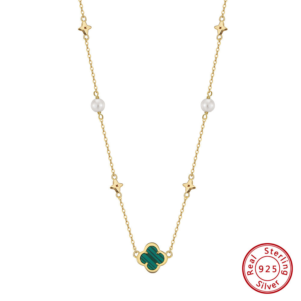 Shell Pearls Malachite 14K Gold Plated 925 Sterling Silver Pendant Necklace