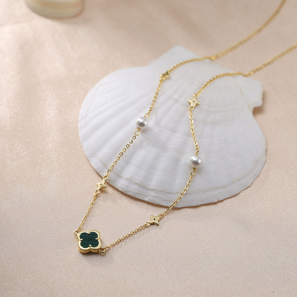 Shell Pearls Malachite 14K Gold Plated 925 Sterling Silver Pendant Necklace
