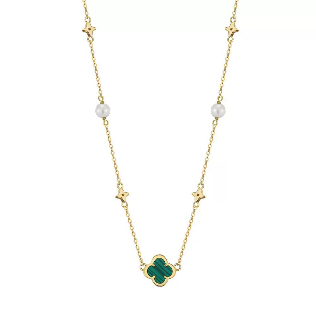 Shell Pearls Malachite 14K Gold Plated 925 Sterling Silver Pendant Necklace