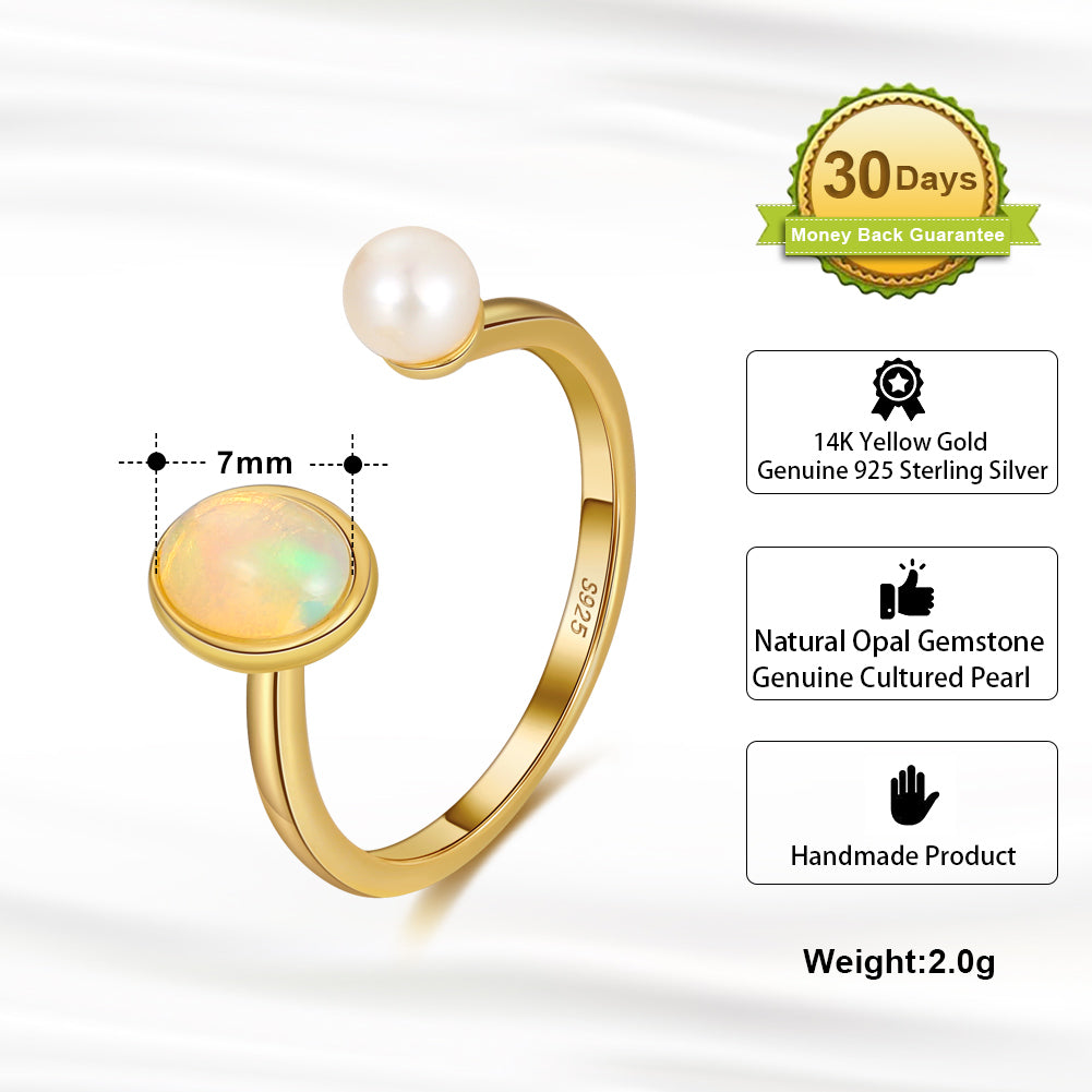 Genuine Natural Opal 14K Gold Plated 925 Sterling Silver Adjustable Ring