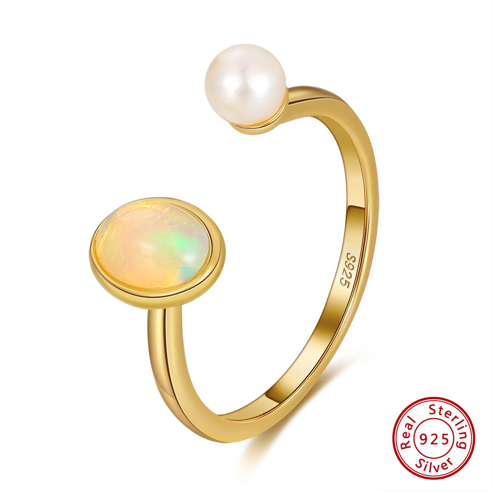 Genuine Natural Opal 14K Gold Plated 925 Sterling Silver Adjustable Ring