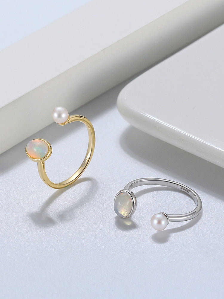 Genuine Natural Opal 14K Gold Plated 925 Sterling Silver Adjustable Ring