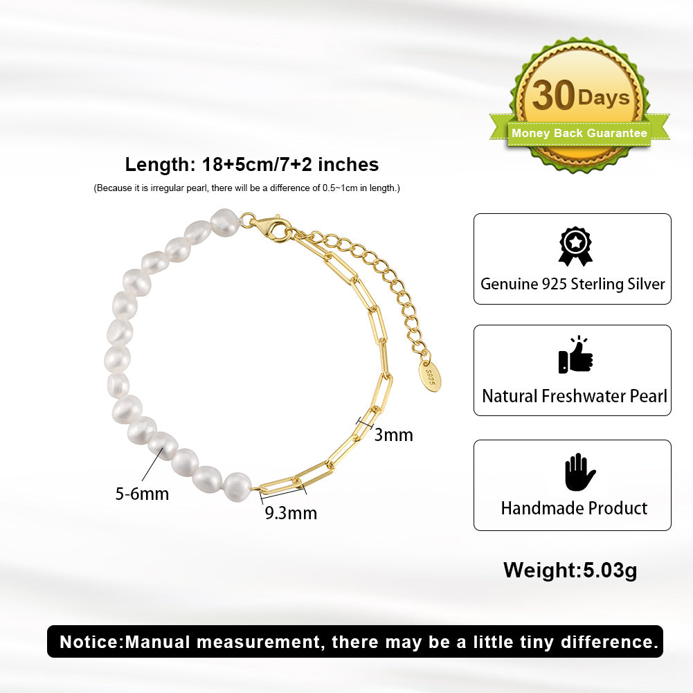 Cultured Freashwater Pearl 14K Gold Plated 925 Sterling Silver Extension Paper Clip Bracelet