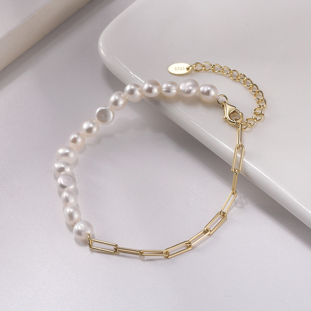 Cultured Freashwater Pearl 14K Gold Plated 925 Sterling Silver Extension Paper Clip Bracelet