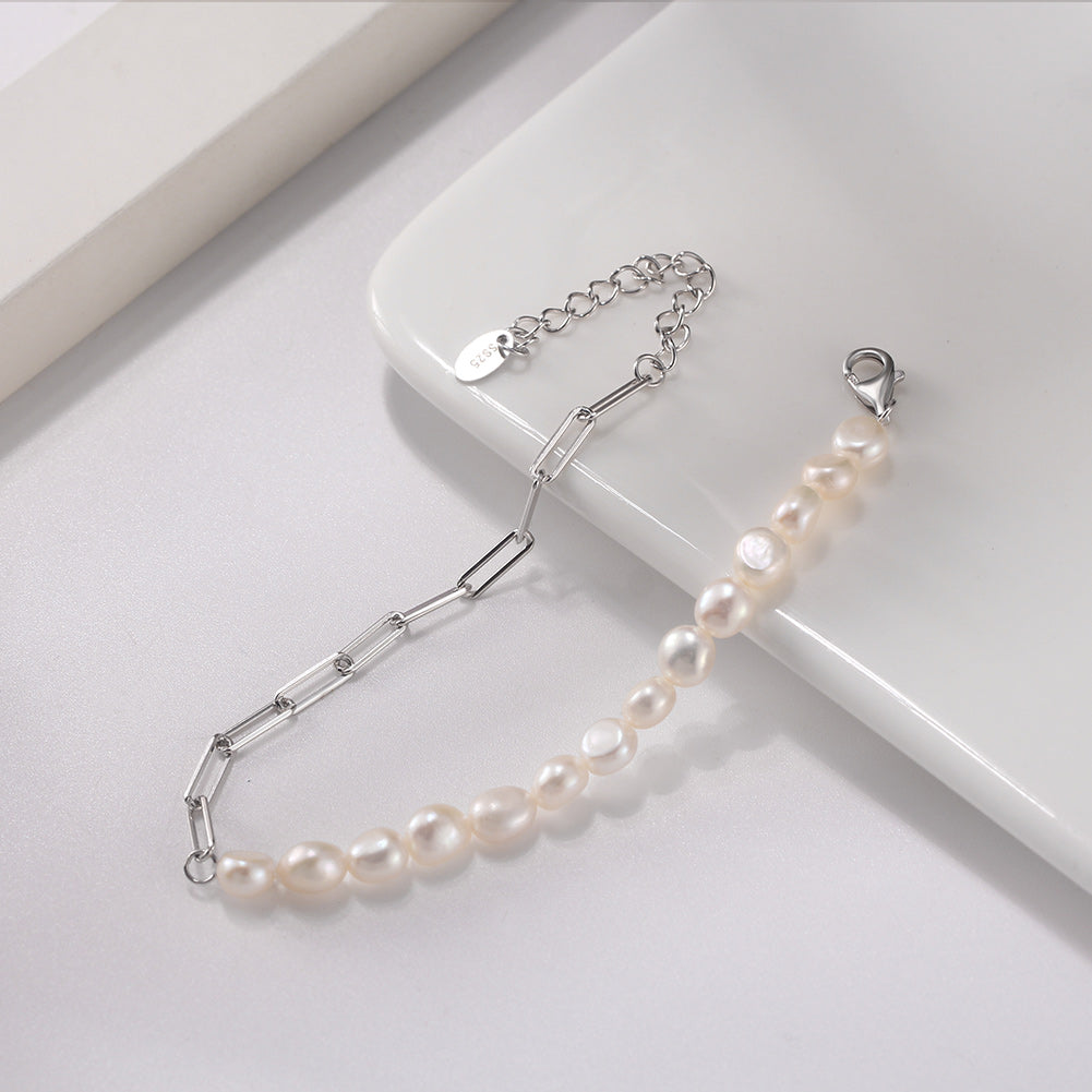 Cultured Freashwater Pearl 14K Gold Plated 925 Sterling Silver Extension Paper Clip Bracelet
