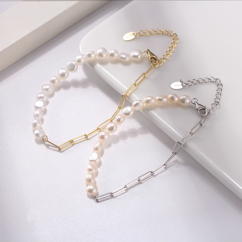 Cultured Freashwater Pearl 14K Gold Plated 925 Sterling Silver Extension Paper Clip Bracelet