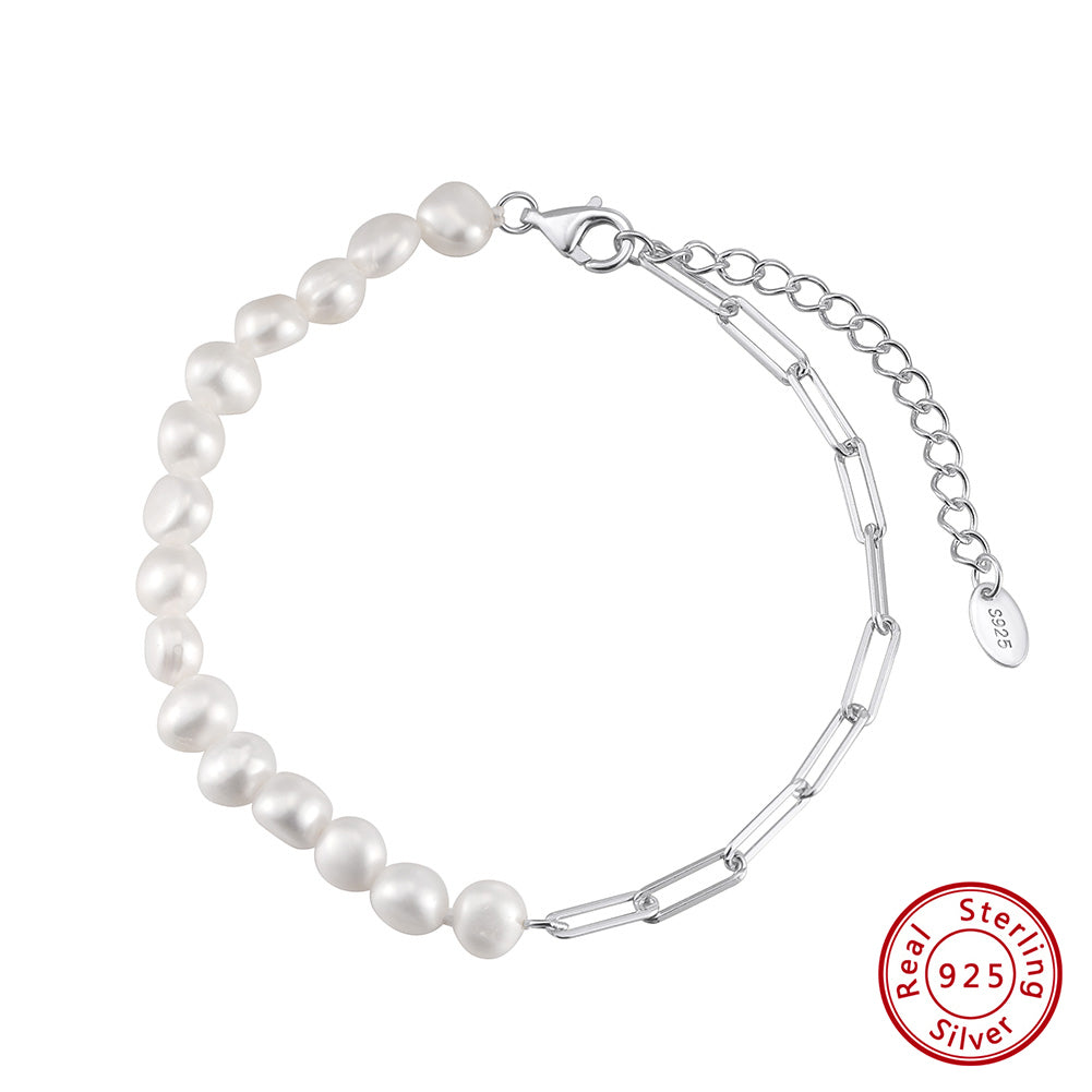 Cultured Freashwater Pearl 14K Gold Plated 925 Sterling Silver Extension Paper Clip Bracelet