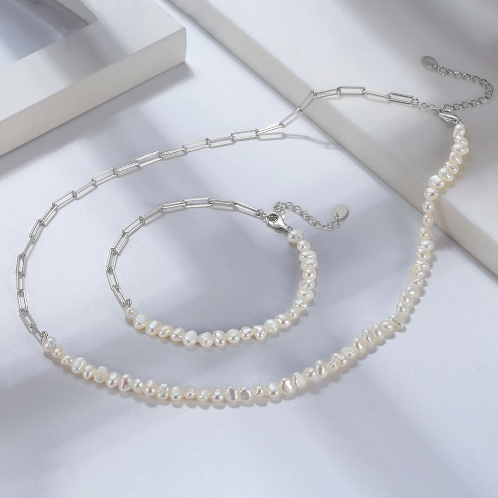 Cultured Freashwater Pearl 14K Gold Plated 925 Sterling Silver Vintage Paper Clip Necklace
