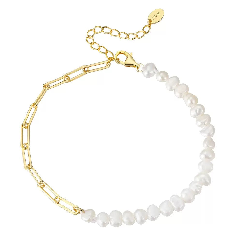 Cultured Freashwater Pearl 14K Gold Plated 925 Sterling Silver Extension Paper Clip Bracelet