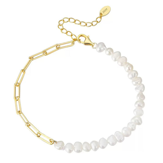Cultured Freashwater Pearl 14K Gold Plated 925 Sterling Silver Extension Paper Clip Bracelet