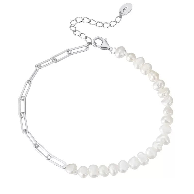 Cultured Freashwater Pearl 14K Gold Plated 925 Sterling Silver Extension Paper Clip Bracelet