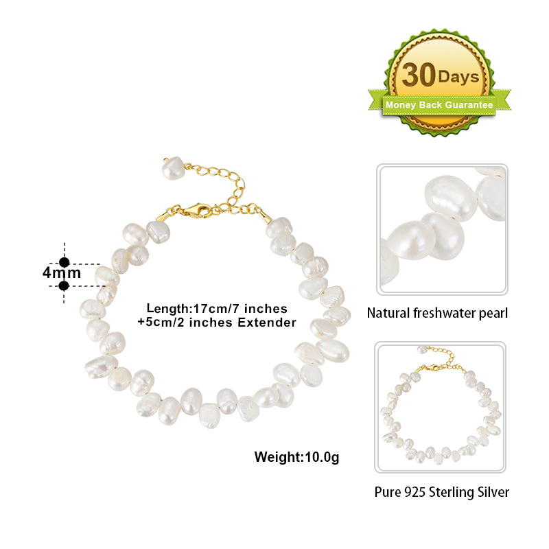Cultured Freashwater Pearl 14K Gold Plated 925 Sterling Silver Baroque Irregular Shaped Pearl Bracelet