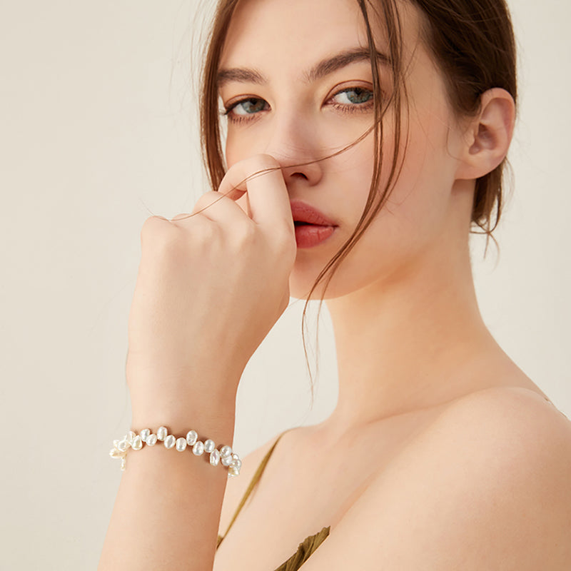 Cultured Freashwater Pearl 14K Gold Plated 925 Sterling Silver Baroque Irregular Shaped Pearl Bracelet