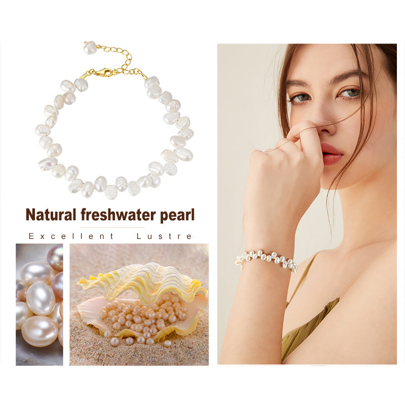 Cultured Freashwater Pearl 14K Gold Plated 925 Sterling Silver Baroque Irregular Shaped Pearl Bracelet