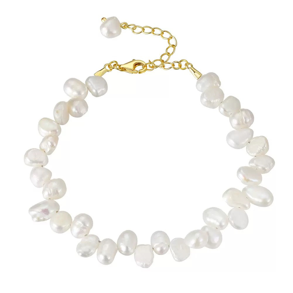 Cultured Freashwater Pearl 14K Gold Plated 925 Sterling Silver Baroque Irregular Shaped Pearl Bracelet