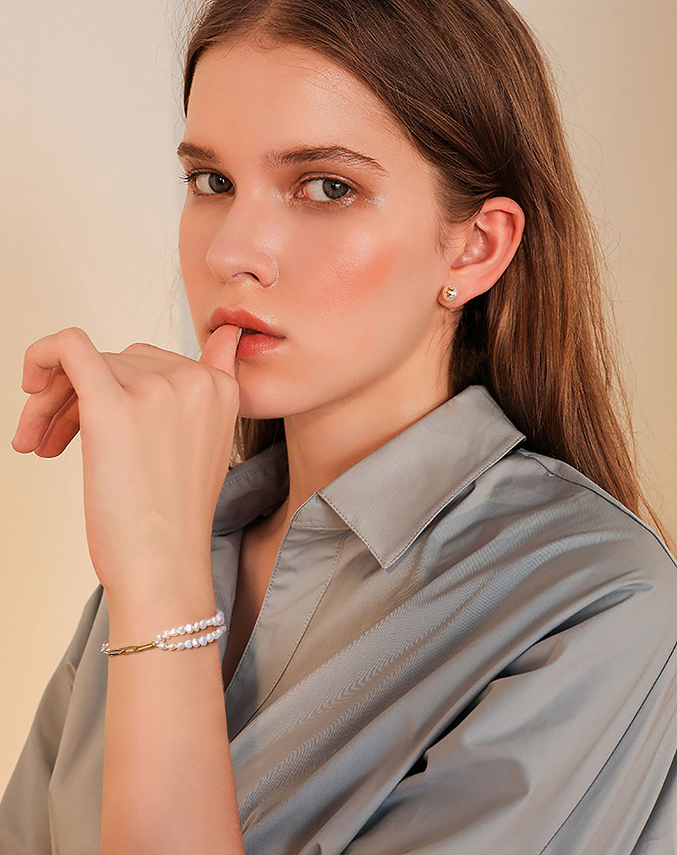 Cultured Freashwater Pearl 14K Gold Plated 925 Sterling Silver Baroque Irregular Shaped Pearl Paper Clip Stitching Bracelet