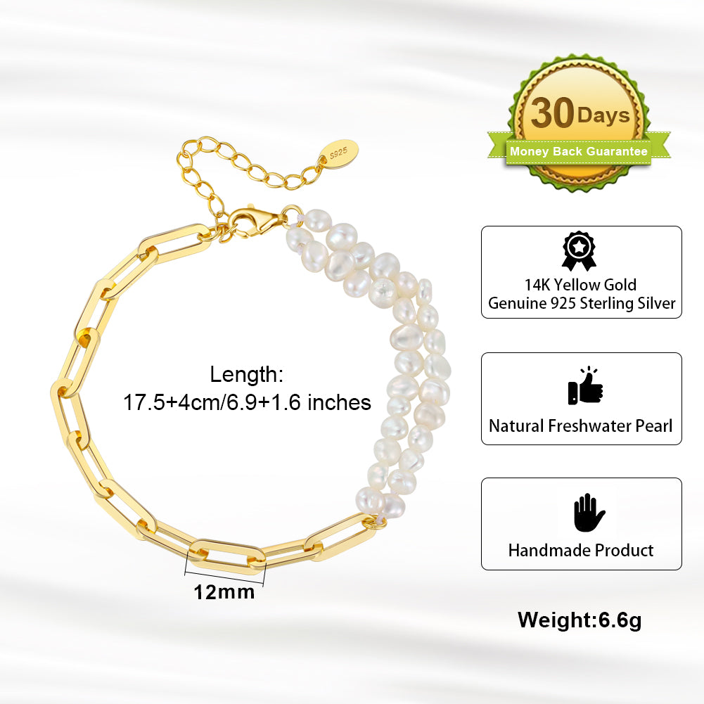 Cultured Freashwater Pearl 14K Gold Plated 925 Sterling Silver Baroque Irregular Shaped Pearl Paper Clip Stitching Bracelet