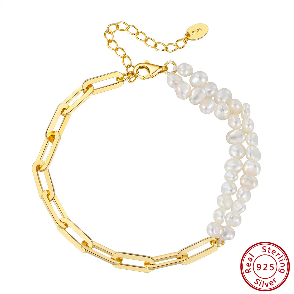 Cultured Freashwater Pearl 14K Gold Plated 925 Sterling Silver Baroque Irregular Shaped Pearl Paper Clip Stitching Bracelet