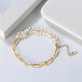 Cultured Freashwater Pearl 14K Gold Plated 925 Sterling Silver Baroque Irregular Shaped Pearl Paper Clip Stitching Bracelet