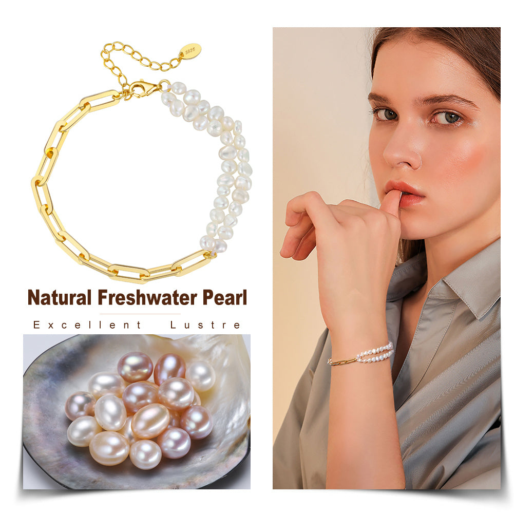 Cultured Freashwater Pearl 14K Gold Plated 925 Sterling Silver Baroque Irregular Shaped Pearl Paper Clip Stitching Bracelet