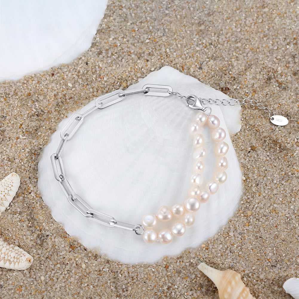 Cultured Freashwater Pearl 14K Gold Plated 925 Sterling Silver Baroque Irregular Shaped Pearl Paper Clip Stitching Bracelet