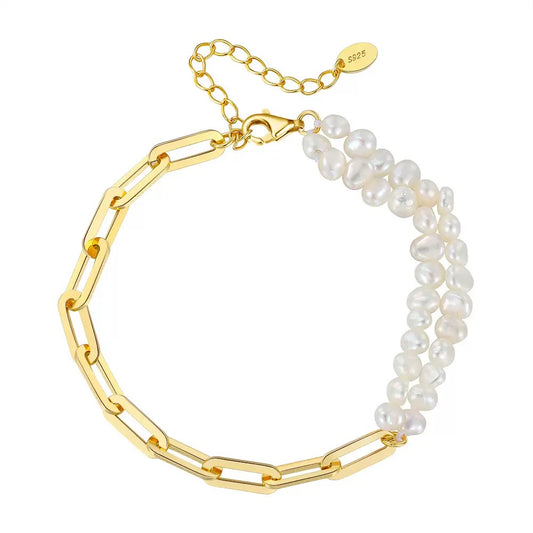 Cultured Freashwater Pearl 14K Gold Plated 925 Sterling Silver Baroque Irregular Shaped Pearl Paper Clip Stitching Bracelet