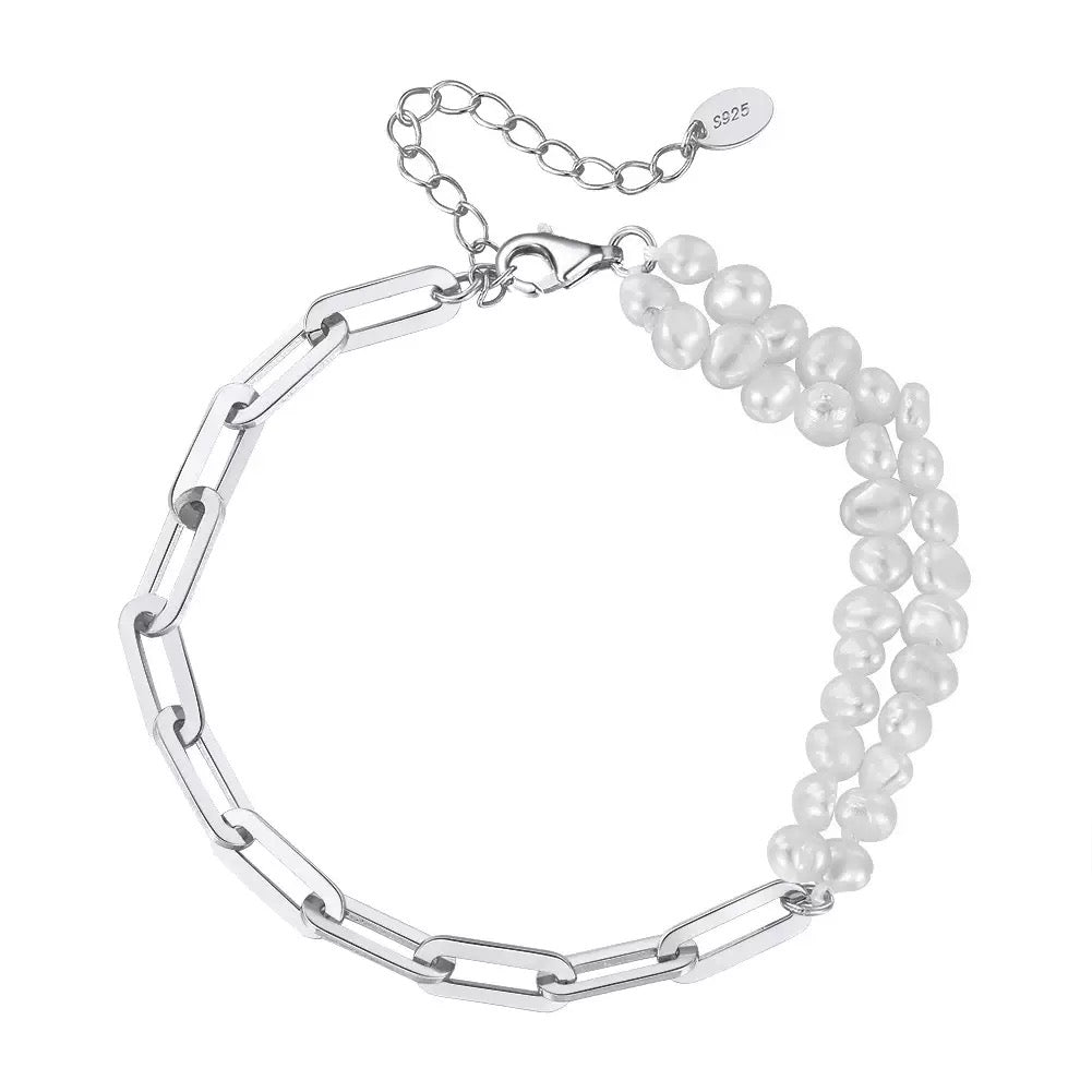 Cultured Freashwater Pearl 14K Gold Plated 925 Sterling Silver Baroque Irregular Shaped Pearl Paper Clip Stitching Bracelet