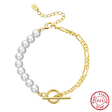 Cultured Freashwater Pearl 14K Gold Plated 925 Sterling Silver Baroque Figaro Bracelet