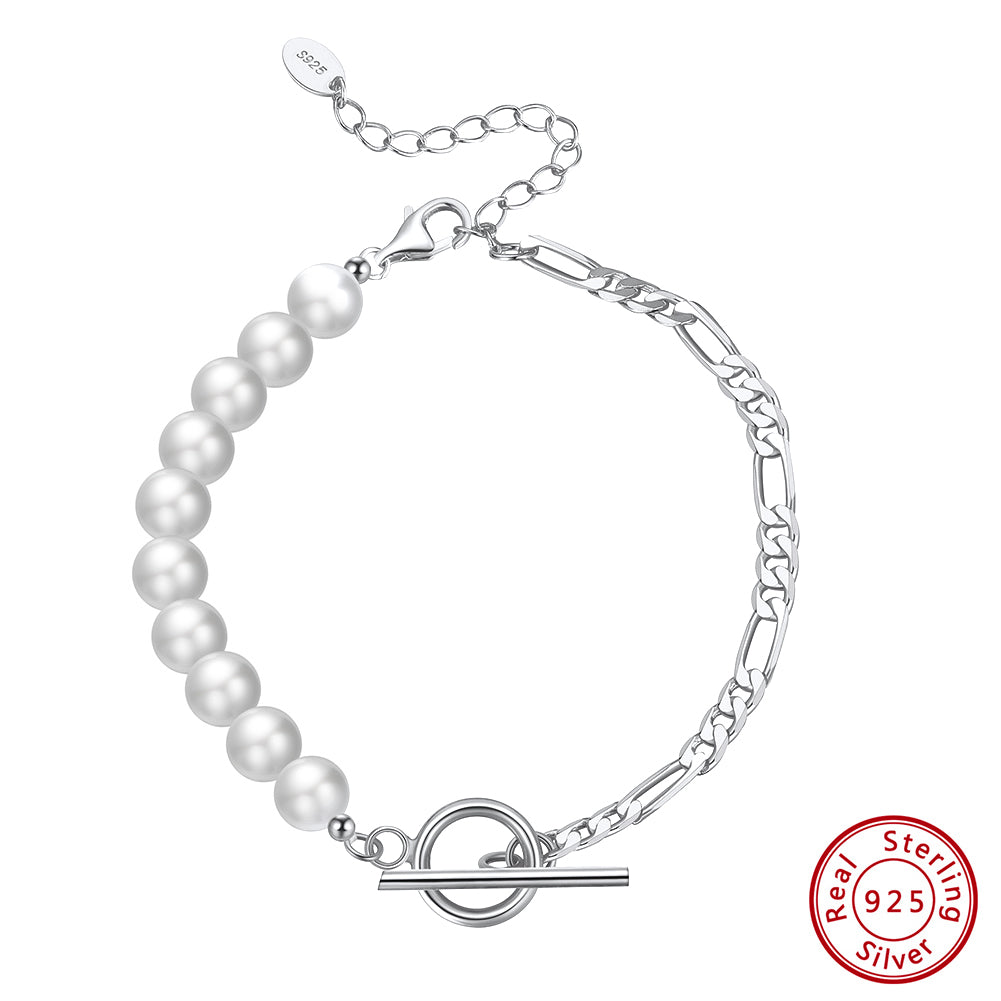 Cultured Freashwater Pearl 14K Gold Plated 925 Sterling Silver Baroque Figaro Bracelet