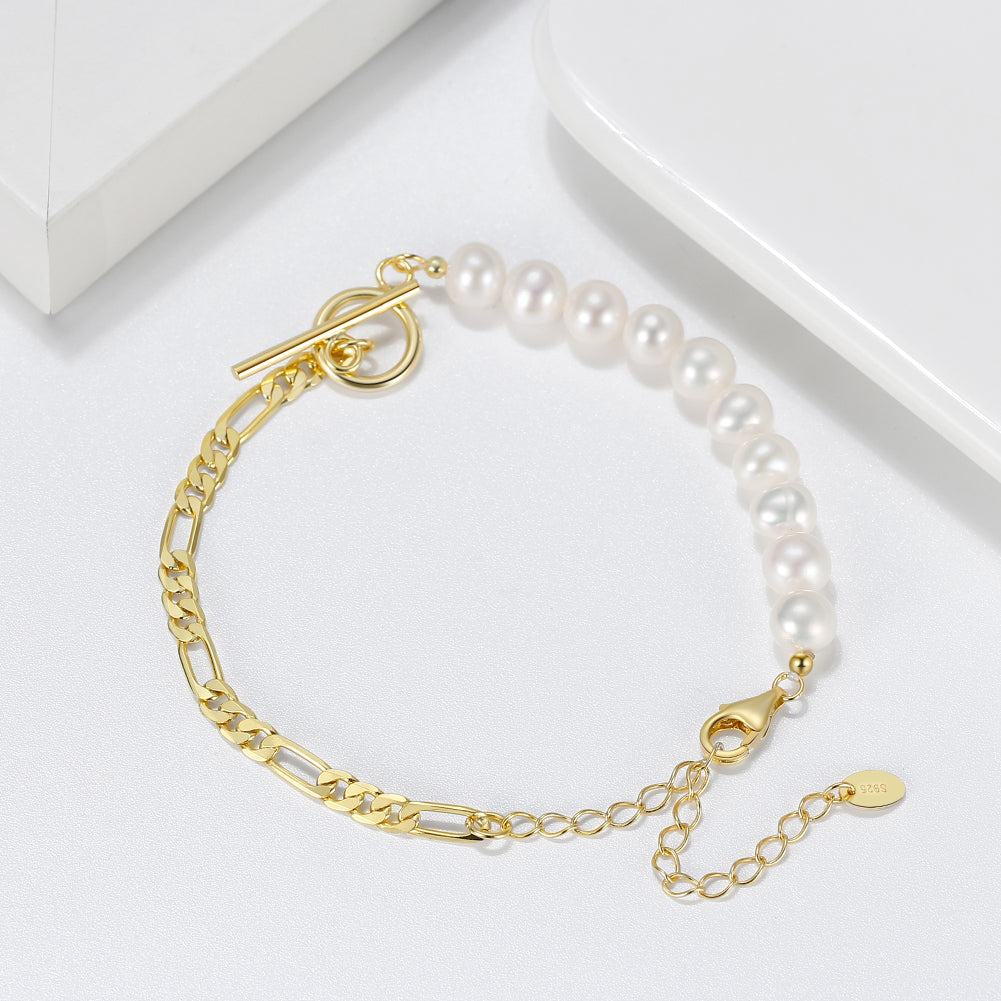 Cultured Freashwater Pearl 14K Gold Plated 925 Sterling Silver Baroque Figaro Bracelet