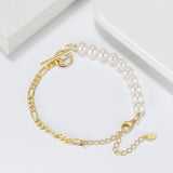 Cultured Freashwater Pearl 14K Gold Plated 925 Sterling Silver Baroque Figaro Bracelet