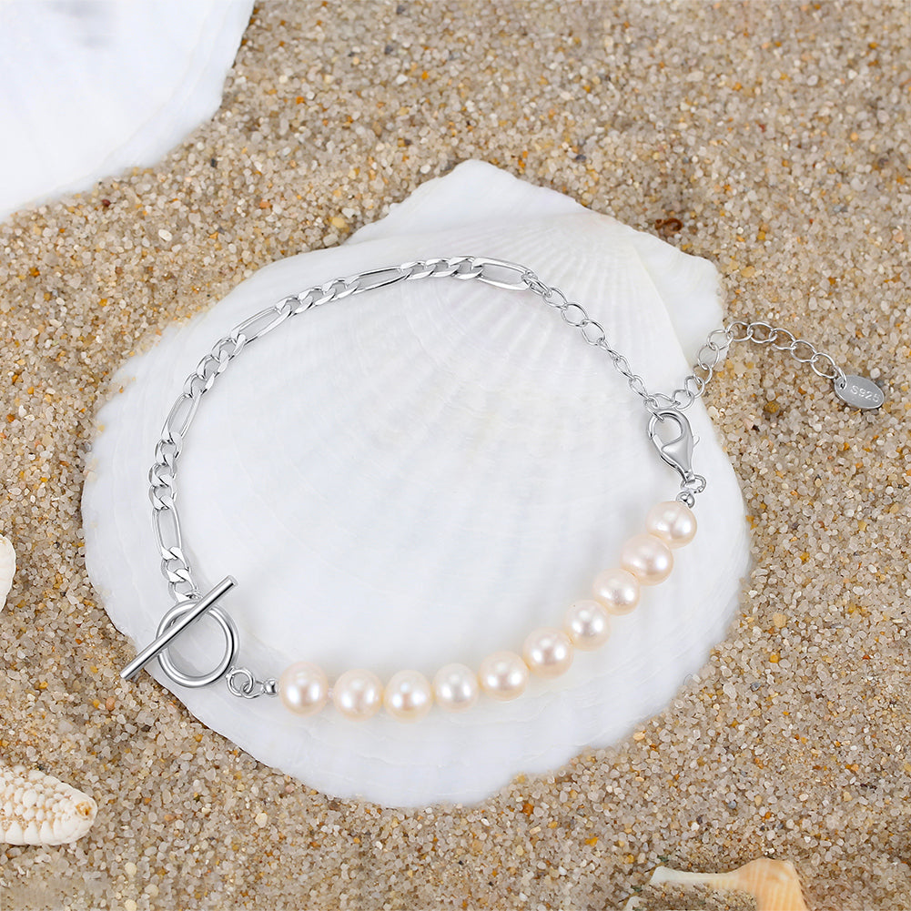 Cultured Freashwater Pearl 14K Gold Plated 925 Sterling Silver Baroque Figaro Bracelet