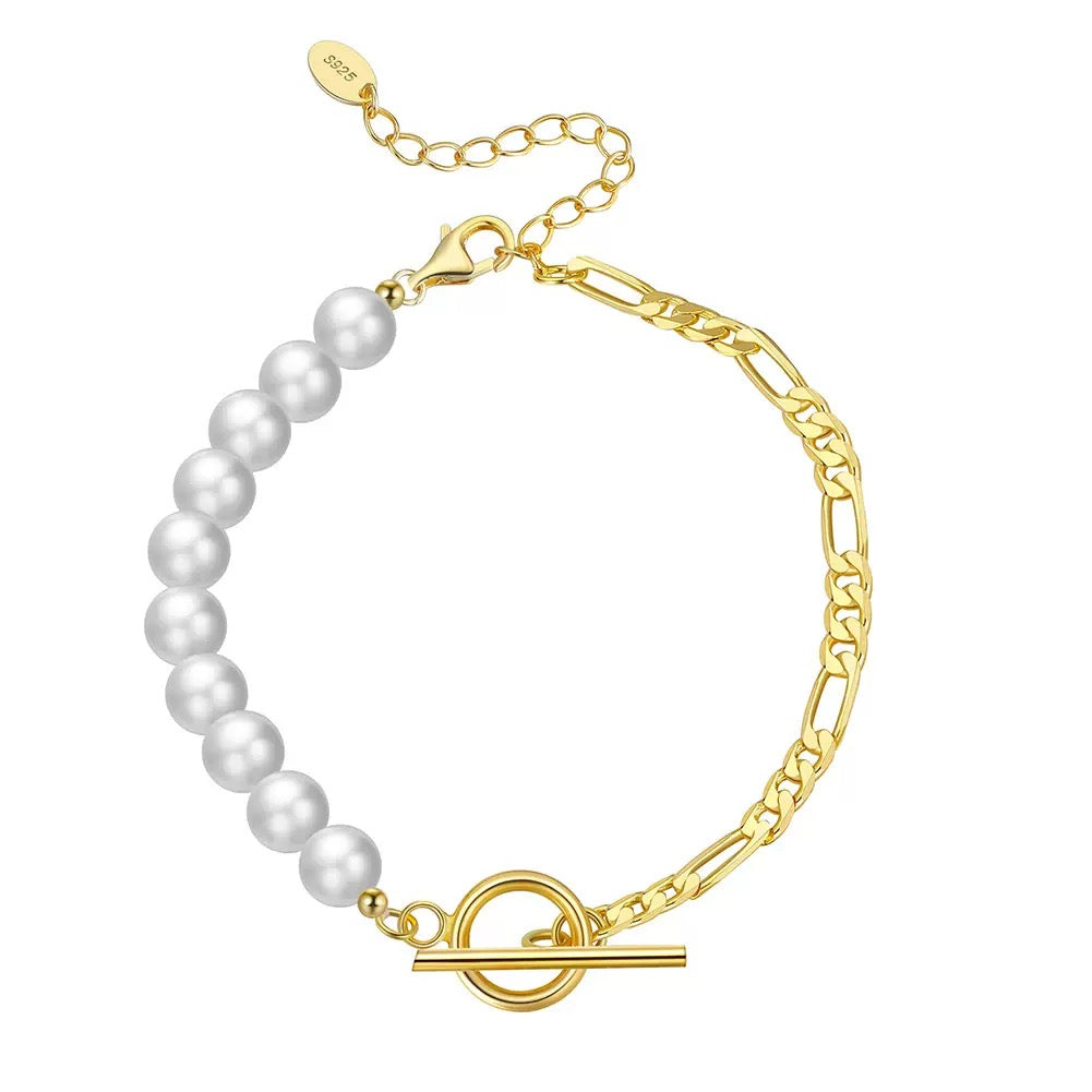 Cultured Freashwater Pearl 14K Gold Plated 925 Sterling Silver Baroque Figaro Bracelet