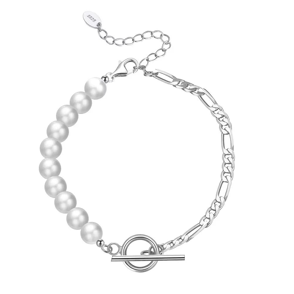 Cultured Freashwater Pearl 14K Gold Plated 925 Sterling Silver Baroque Figaro Bracelet